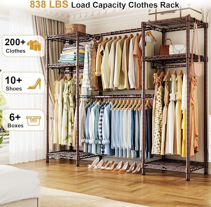Ulif E7 Garment Rack, Heavy Duty Clothes Storage System with Extendable Hangers Rods, Metal Clothing Rack with 6 Wire Shelves, (52.3"-72") W x 14.5" D x 71.2" H, Load 838lbs, Bronze