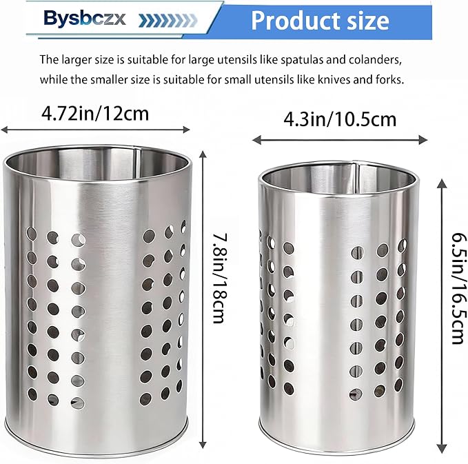 2PCS Stainless Steel Kitchen Utensil Holder, Utensil Caddy & Organizer for Drying Cooking Spoons Utility Sturdy Home Kitchen Daily Use Utensil Drainer (Silver)