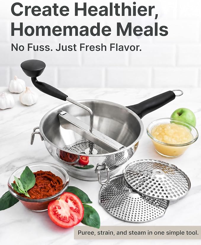Compact Stainless Steel Food Mill with 3 Discs – Ergonomic Rotary Hand Crank with Removable Handles for Tomato Sauce, Applesauce, Baby Food, Mashed Potatoes & Puree