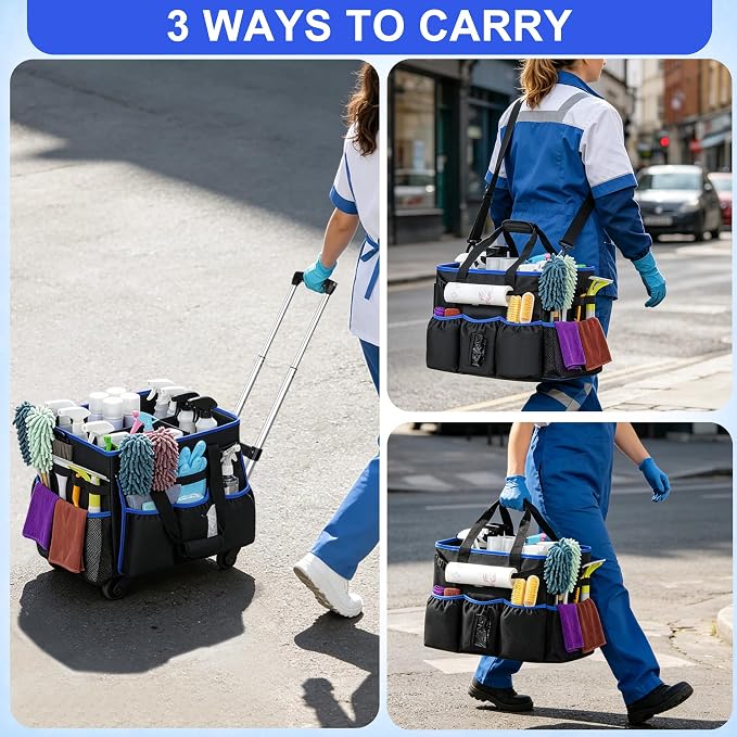 Large Rolling Cleaning Caddy Bag with Detachable Trolley and Shoulder Strap | Large Capacity with Multiple Pockets, Detachable Waist Pouch, Water Resistant Cleaning Supply Organizer Cart for Housekeeper