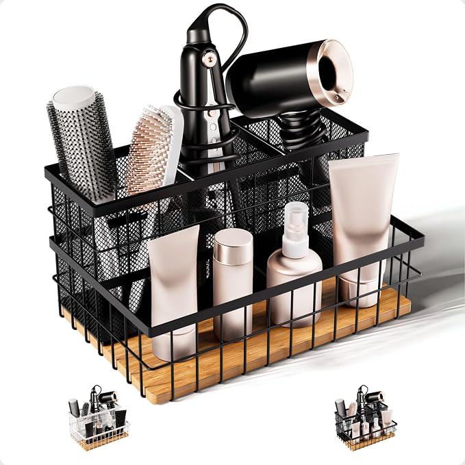 Hair Tool Organizer Countertop, Breathable Metal & Bamboo, Heat-Resistant | No Assembly Required, Removable Baskets, Heat-Resistant Iron, Bamboo Base, Spacious & Breathable Hot Tools Organizer Vanity