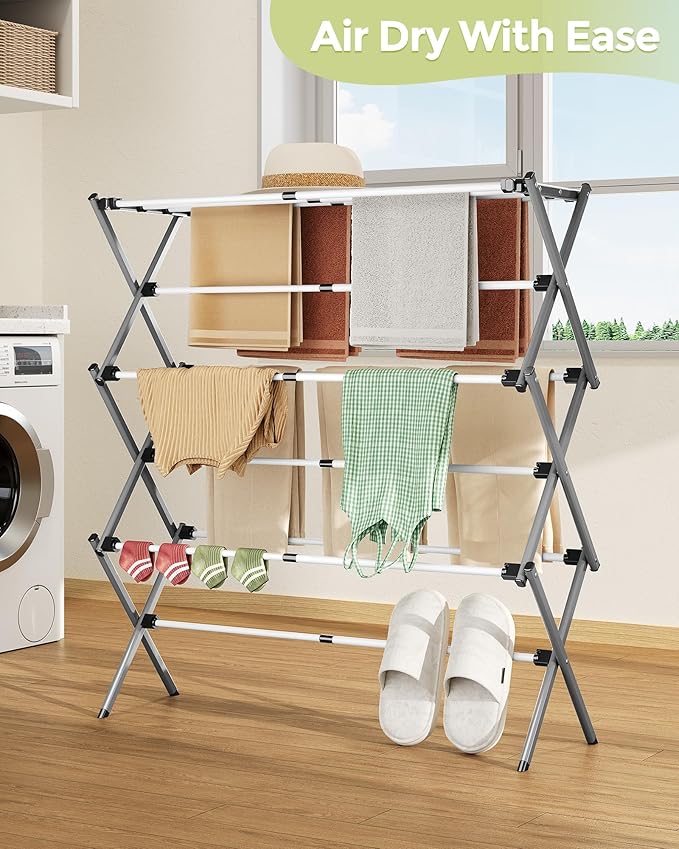 APEXCHASER 3-Tier Foldable Clothes Drying Rack, 37.6" H, Grey/White | Rust-resistant Metal, Tool-free Assembly, Extendable Drying Hanger, Fold Flat to Easy Storage, 11.8" D x 35" W, Holds 24lbs