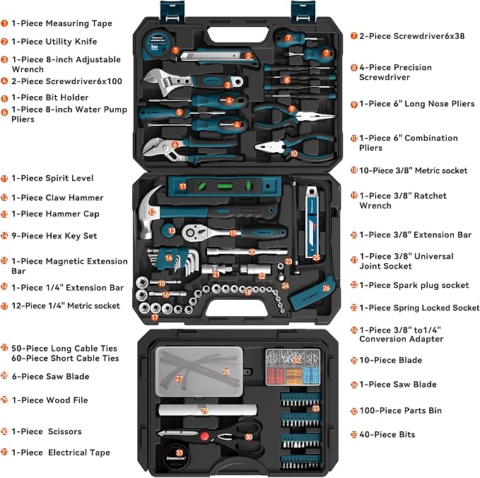 328 Piece Tool Kit For Home,Hand Repair Tool Set,Toolbox Storage Case with Drawer,General Household/Auto Tool Set,Perfect for Homeowner, DIY, Handyman (Blue and black)