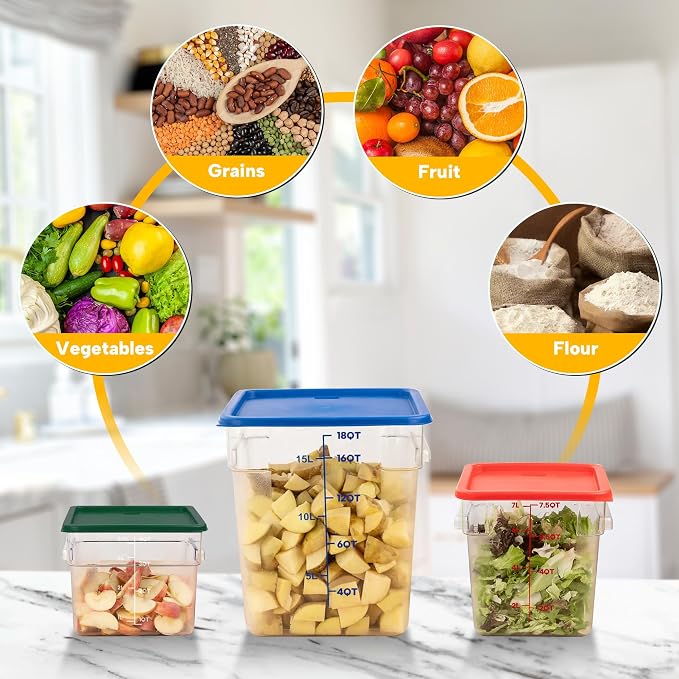 BIEAMA 4 Pack Food Storage Containers, 6 Quart with Lids, Square Commercial Containers with Scale, NSF, Polycarbonate, Clear