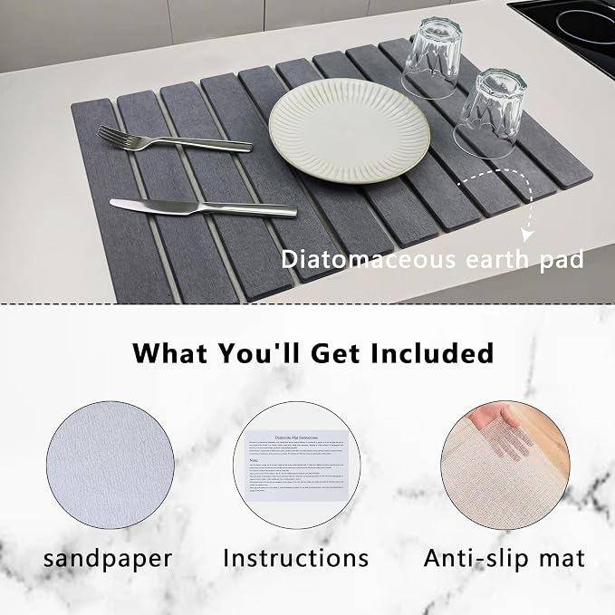 Large Stone Drying Mat for Kitchen Counter Diatomaceous Earth Collapsible 24”（L）*16”（W）Super Heat Resistant Mats, Quick Absorbent Dish Drying Rack（Light Gray）