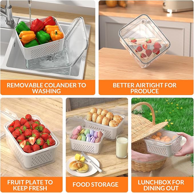 5 PCS Large Fruit Storage Containers for Fridge with Removable Colanders, Airtight Food Storage Containers with 5 Lids, 4 in 1 Produce Containers Keep Berry Fruits Vegetable Food Meat Fresh Longer