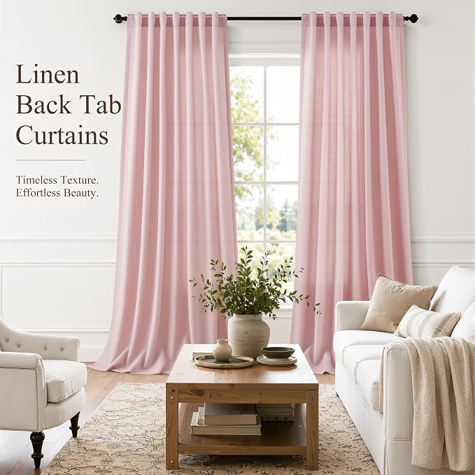Hokibero Pink Linen Curtains 102 Inches Long Drape for Living Room 2 Panels | Light Filtering Semi Sheer Curtain, Back Tab Rod Pocket Pleated Look, Pink Drapes for Bedroom Nursery Privacy, Boho Farmhouse