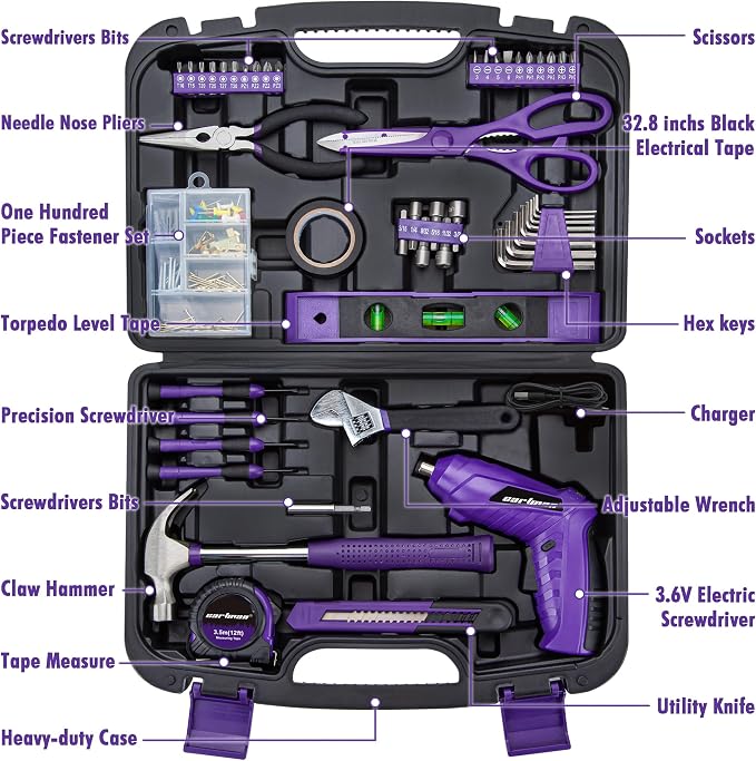 CARTMAN 149PCS Tool Set, Purple Cordless Screwdriver, Home Repair Tool Kit | Complete tool assortment with cordless screwdriver for home repairs, office fixes, furniture setup crafting, and daily tasks.