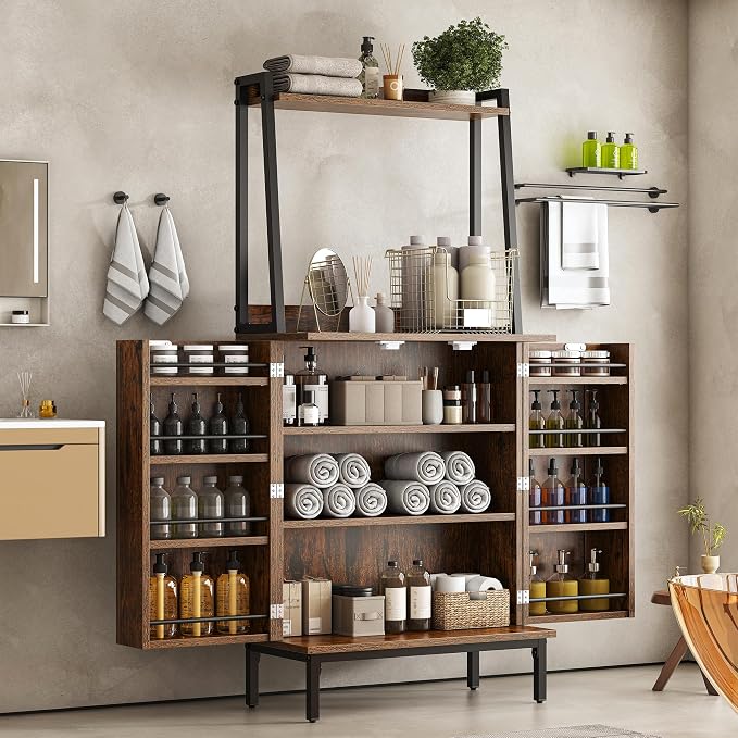 kepptory 51" Kitchen Baker's Rack with Storage, Microwave & Toaster Oven Stand, Freestanding Coffee Bar Station with Wine Glass Holder & Side Storage Shelves, Brown
