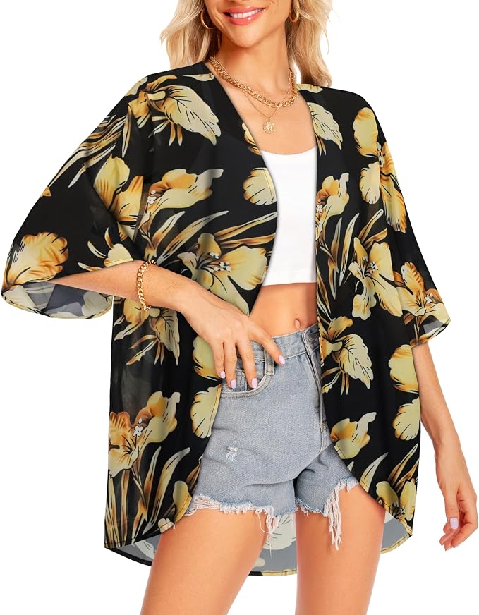 Women Kimono Cardigans Summer Cover Up Hawaiian Shirts Floral Print Tops | ROSEMIA chiffon kimono open front cardigans, beach cover ups, daily casual tops, cruise outfits, summer resort wear