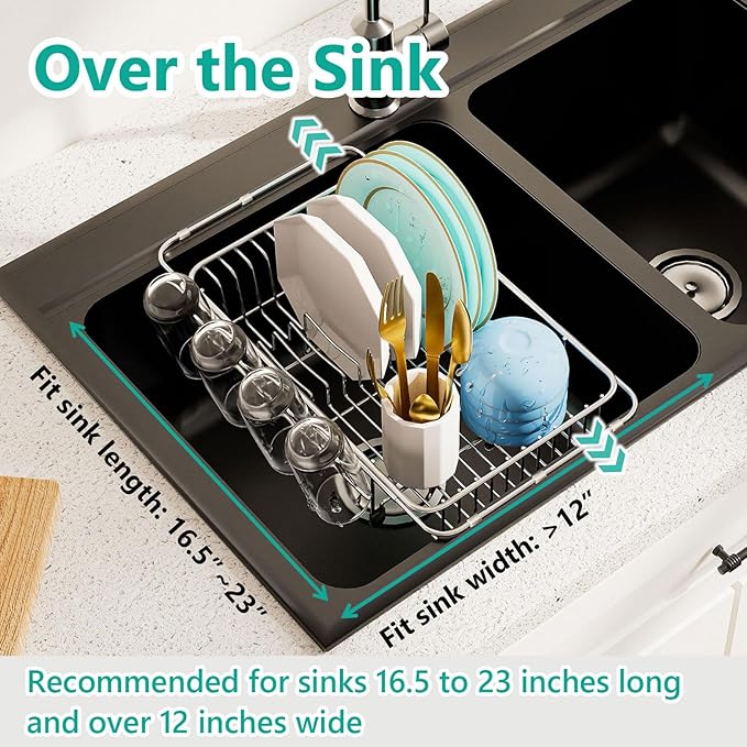 AIDERLY Dish Drying Rack in Sink Expandable Stainless Steel, Silver | In Sink, 4 Cup Holders, Kitchen Dish Drainer