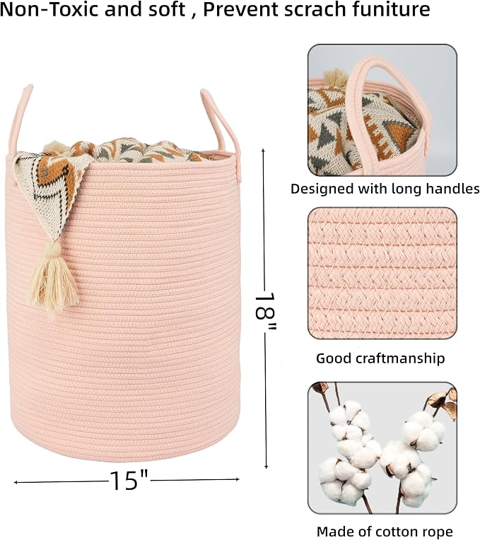 XUANGUO Cotton Rope Laundry Basket Hamper for Clothes, coral pink | Woven Storage Basket for Living Room Bedroom Boho Tall Rope Baskets for Blanket Toys Pillow Towels Baby Nursery Hamper Bin