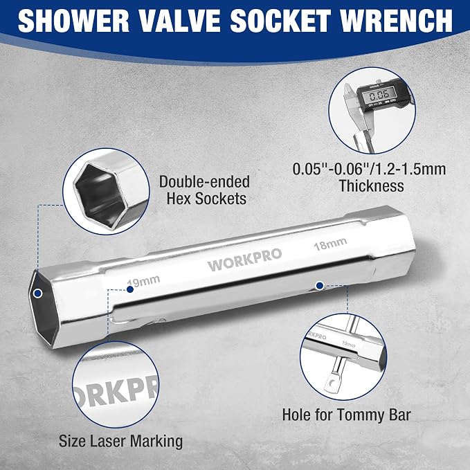 WORKPRO 9-Piece Shower Valve Socket Wrench Set with Bar Handle | Dual-Ended Socket Wrench for Bathroom Removal of Tub and Shower Valves, Home Plumbing Repairs, Double-Ended, Storage Bag