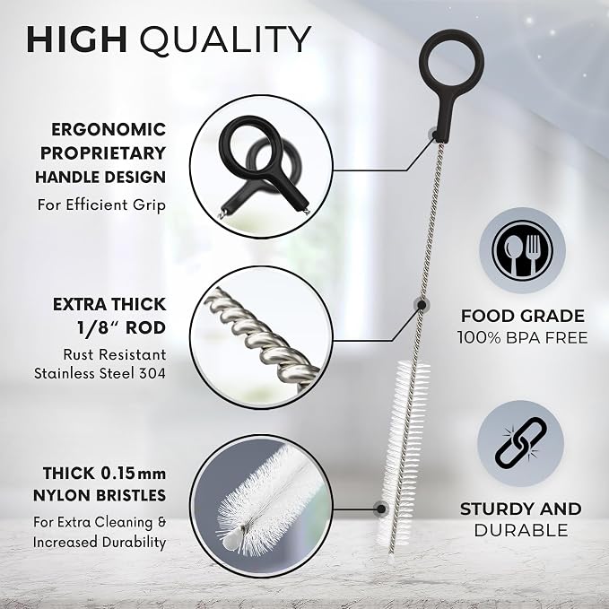 Buenalife Heavy Duty Cleaning Brushes Set of 4 - Extra Long Straw Cleaners for Metal and Plastic Reusable Drinking Straws, to Clean Small Spaces, Sippy Cups, Water Bottles - Sturdy Hard Brush Bristles