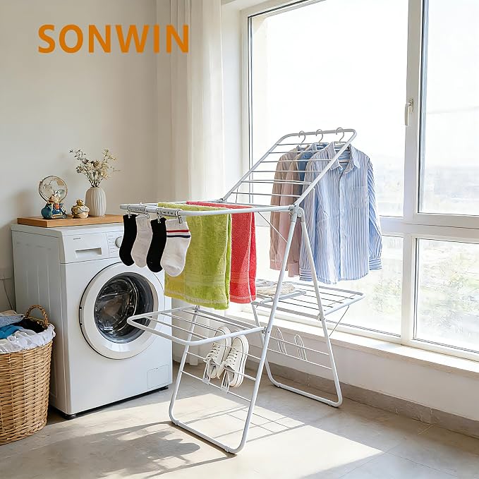 Clothes Drying Rack, Foldable 2-Level Laundry Racks for Drying Clothes Rack,Stainless Steel Drying Rack Clothing Collapsible for Indoor Outdoor,with Height-Adjustable Wings,Gray