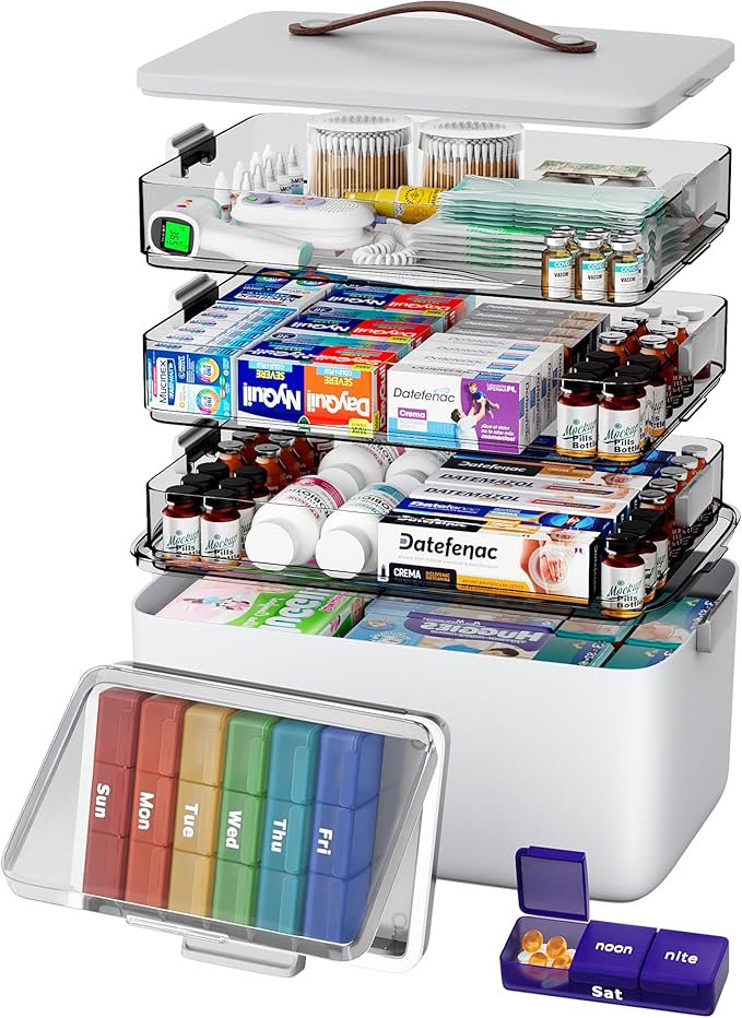 CTIME 4-Tier XL Medicine Organizer with Leather Handle - Portable Pill Case & Empty First Aid Kit for Home, Travel, RV, School, Dorm | Ideal Elderly Gift