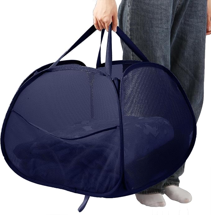 Collapsible Laundry Baskets, 90L Large Foldable Laundry Basket, Durable Mesh Pop Up Hampers for Laundry, Dirty Clothes Laundry Hamper for Bedroom, Bathroom, Dorm, Laundry Room, Travel or Camping Navy