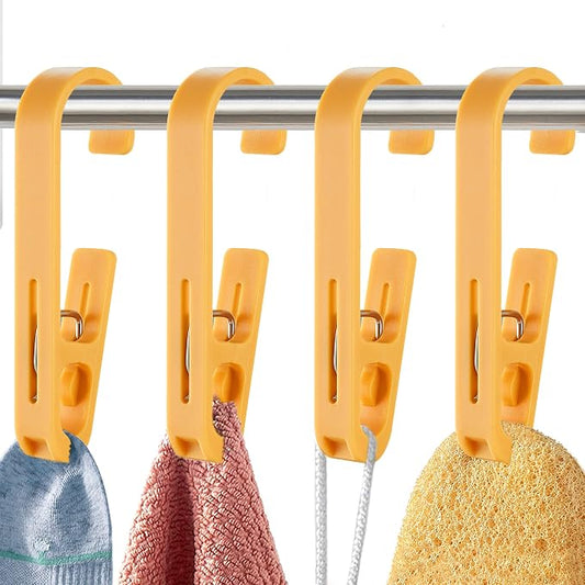 Laundry Hooks with Clips Hanger Closet Organizer Clamps Socks Boot Bras Towels for Bathroom Wardrobe Kitchen Office 4Pcs (Yellow)