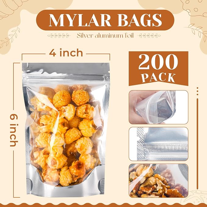 200 Pack Silver Mylar Bags with Window, 4x6 in Pouches | 7.5 Mil Thick, Food Storage, Resealable Closure, Small Business Packaging, Upright Base, Viewing Panel
