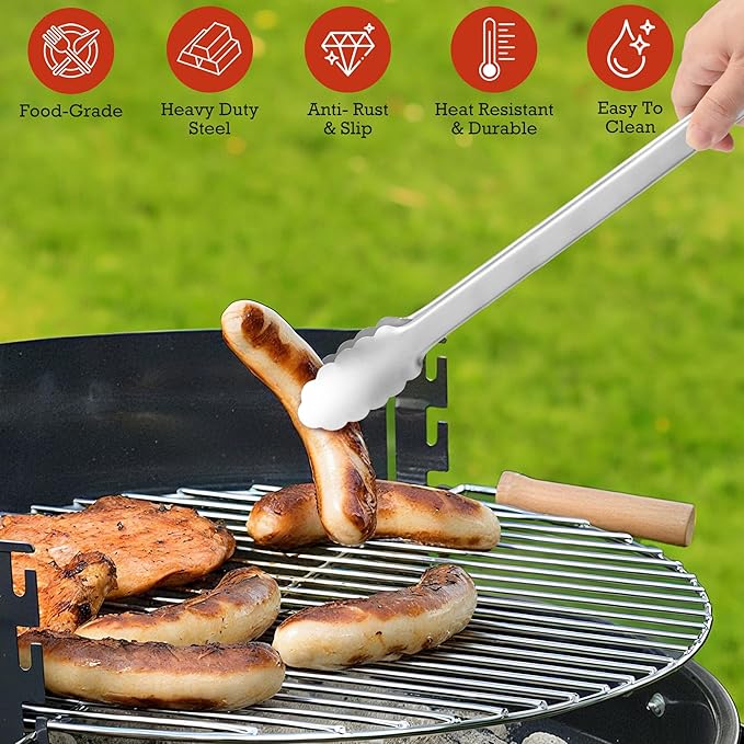 Grill Tongs - 12 Inch & 17 Inch Extra Long BBQ Tongs, Heat Resistant Stainless Steel Kitchen Tong, Heavy Duty Metal Locking Tong for Cooking, Grilling, BBQ/Barbecue, Food (All Metal - 12"+17")