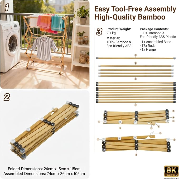 Foldable&Dismountable 3-Tier Bamboo Clothes Drying Rack, Multi-Tier Collapsible Laundry Hanger, Space Saving Garment Stand for Indoor Outdoor Balcony Bathroom. (Original, 28" D X 15" W X 39.3" H)
