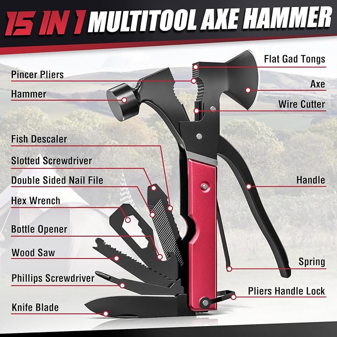 15 in 1 Multitool Axe Hatchet, Camping Accessories Survival Gear, Multi Tool for Camping Hiking Survival, Fathers Day Dad Gifts for Men, Cool Gadgets, Gifts for Him Husband, Boyfriends