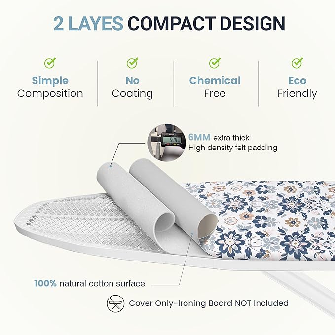 UniSimp Ironing Board Cover and Pad 15"x54" Extra Thick Natural Cotton, Scorch and Stain Resistant Padding, Standard Size Iron Board Cover with Fasteners Heavy Duty Elastic Edge, Heatproof Floral