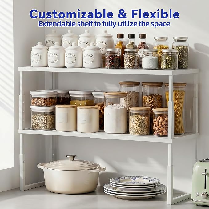 2 Packs Expandable Cabinet Shelf Organizer, Stackable Kitchen Countertop Storage Shelves, Heavy Duty Adjustable Pantry Organizer Rack for Cabinet, Cupboard, Under Sink & Spice Storage