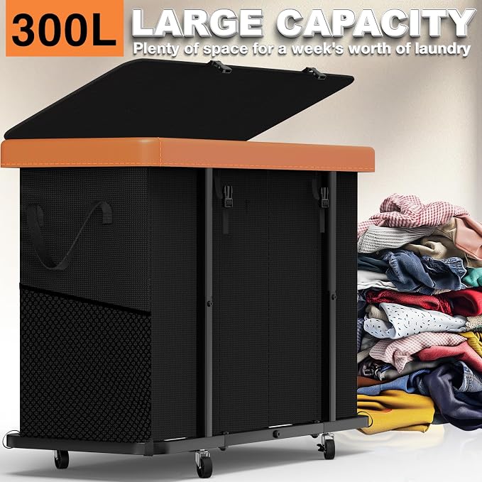 Laundry Basket with Wheels, 300L Leather Patchwork Laundry Sorter 4 Section | Sturdy Metal Frame, Removable Washable Bag, Tall Clothes Sorter for Bedroom - Black