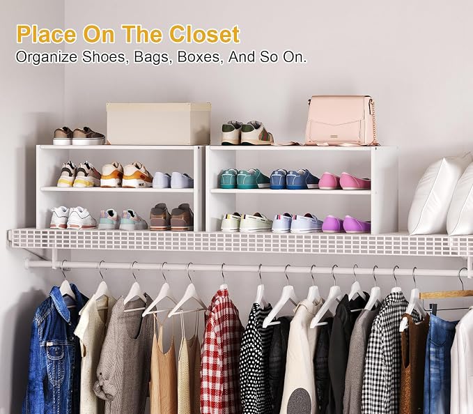 Cidaziya 2 Tier Small White Shoe Rack for Closet, Stackable Shoe Shelf Organizer for 9-12 Pairs of Shoes, Portable Wood and Cloth Structure, Small Shoe Storage Organizer, Size 28.5"* 11" * 13"