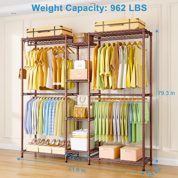Ulif E4 Clothes Rack, Heavy-Duty Garment Rack, Metal Freestanding Clothing Organization Storage System Can Be L-Shaped with Shelves and Hangers, Max Load 962lbs, 71.6" W x 14.5" D x 79.3" H, Bronze