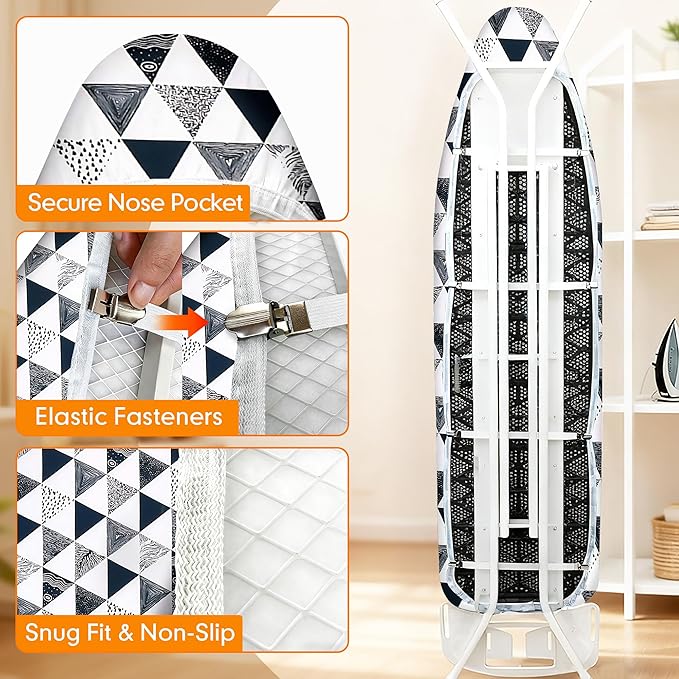Ironing Board Cover and Pad, 18x49 Extra Wide Thick Iron Padding, Scorch & Stain Resistant Ironing board cover, Heavy Duty Iron Board Padded with Adjustable Fasteners Elastic Edge, Geometric Grey