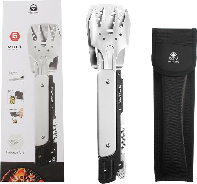 ROXON S601 6-in-1 Folding Grill Tool Set, 14" BBQ Utensils for Camping Grey | Includes Fork, Spatula, Knife, Tongs, Bottle Opener & Corkscrew. LFGB Certified, Dishwasher-Safe, Portable for Outdoor BBQ