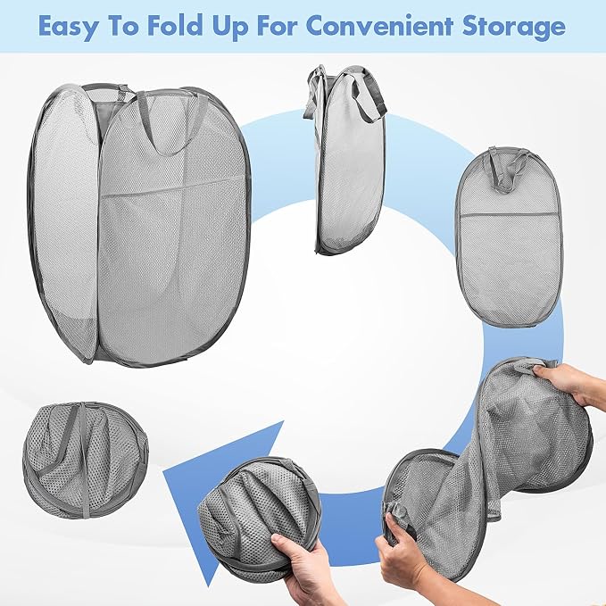 DUCOO Pop Up Laundry Hamper, 70L Collapsible Mesh Laundry Basket with Side Pocket, Foldable Dirty Clothes Hamper with Sturdy Reinforced Handles for Home Dorm Bedroom Travel Bathroom Storage, Gray