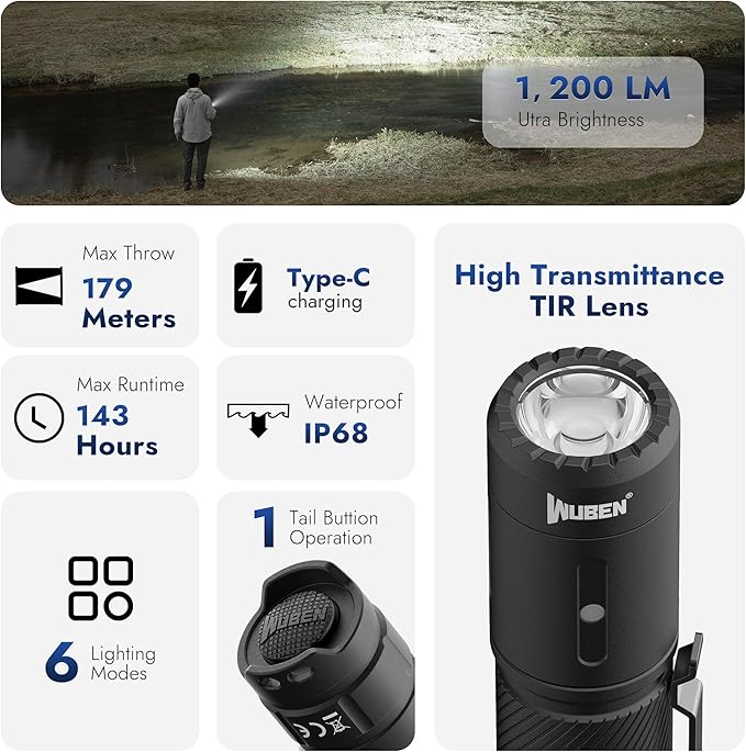 WUBEN C3 Flashlight 1200 High Lumens 6 Modes Rechargeable Flashlights | Super Bright IP68 Tactical Flashlight for Camping, Home, Emergency, Rescue, Hunting, Inspection, Repair, Tool Gifts for Men