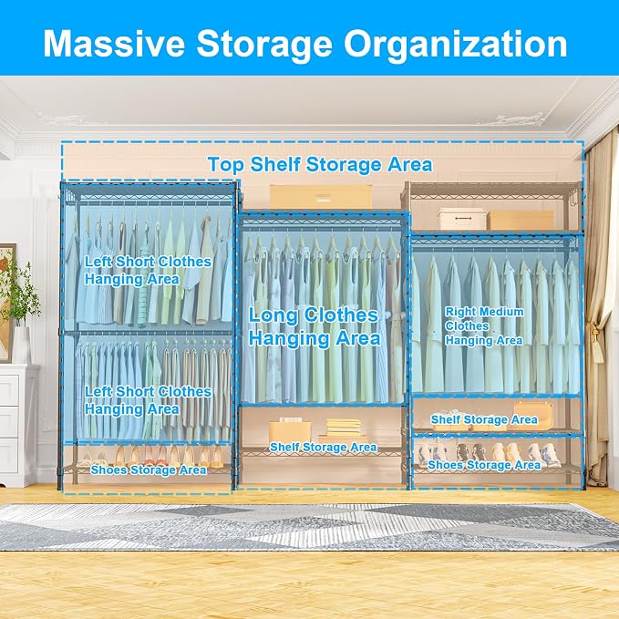 Ulif E13 Max Heavy Duty Clothes Rack（With 4 Hanger Rods & 8 Shelves） Freestanding Clothing Racks for Hanging Clothes，Adjustable Closet，Metal Garment Rack 86" W x16 D x77 H，Max Load 1100LBS，Black
