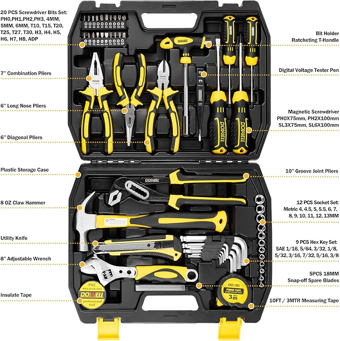 DOWELL Tool Set, 62PCS Tool Kit, Homeowner Wrench Pliers Screwdriver Set | Forged from high-quality steel, a variety of basic tools, for homeowners, handymen, easy storage and portability