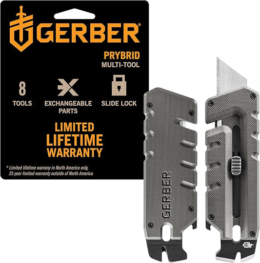 Gerber Prybrid Pocket Knife Multitool 8-in-1 Box Cutter, Bottle Opener,Grey