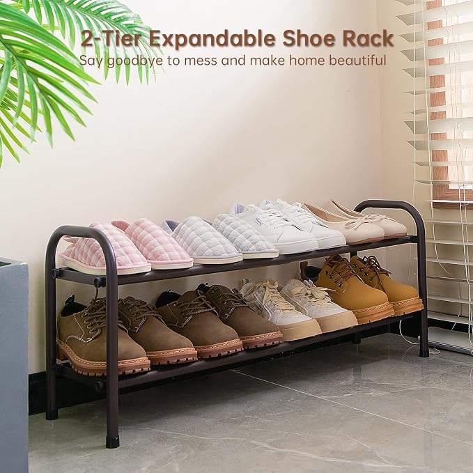 Gonfoam Expandable 2-Tier Shoe Rack for Closet and Entryway, Bronze | Tool-Free Assembly, Metal Material, Adjustable Shoe Organizer, Sturdy, Small Space Solution, Dorms, Garages, Apartments.