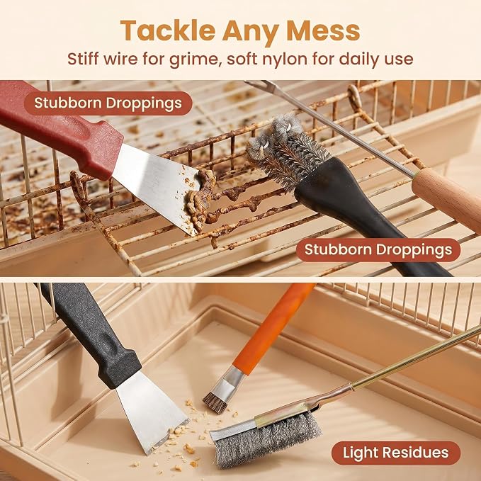 6Pcs Bird Cage Cleaner Brush Kit - Bird Poop Remover & Cage Cleaning Tools Set, Stainless Steel & Nylon Brushes for Parakeet, Budgie, Parrot & Small Animal Cages, Multi-Size for Deep Cleaning