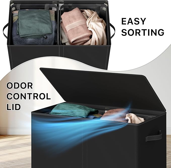 Simple Houseware Double Laundry Hamper with Lid & Removable Bags, Black | Heavy Duty 600D Polyester, Water-Resistant Surface