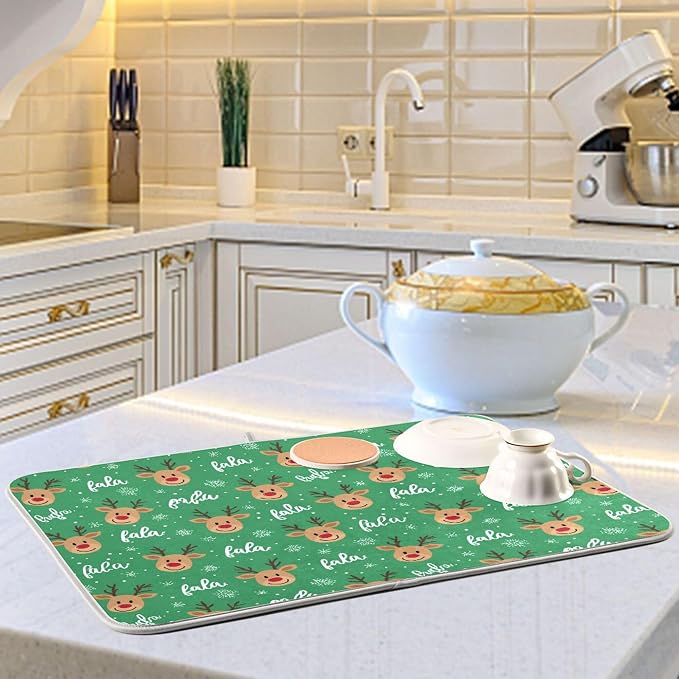 Christmas Reindeer Green Dish Drying Mat for Kitchen Countertop 16x18 Winter Snowflake Xmas Small Drying Mat Reusable Quick Dry Dish Sink Mats Easy Clean Decorative Essentials