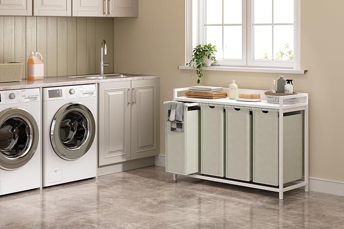 Herture Laundry Hampers with Shelf, Laundry Basket 4 Section, 4 x 15.87 Gal | Laundry Sorter with Pull-Out Removable Large 4 White Bags and Movable Wheels, Metal Frame, White PF07XLW