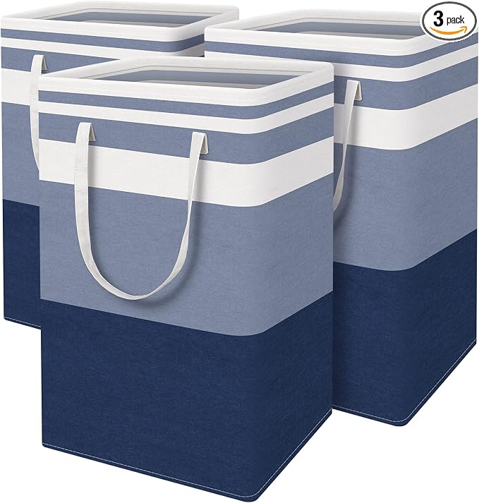 BlissTotes 3-Pack Laundry Basket, Collapsible Laundry Hamper, Blue, 88L | Laundry Clothes Hamper, Hampers for Bedroom, Freestanding Hamper with Handles, Clothes Laundry Basket