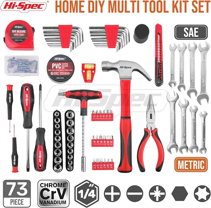 Hi-Spec Home and Garage Tool Kit Household and Auto Repair Tools Pliers | 73pc, socket and wrench coverage, roadside fixes, organized box, garage maintenance help, bike and vehicle tasks, quick setup
