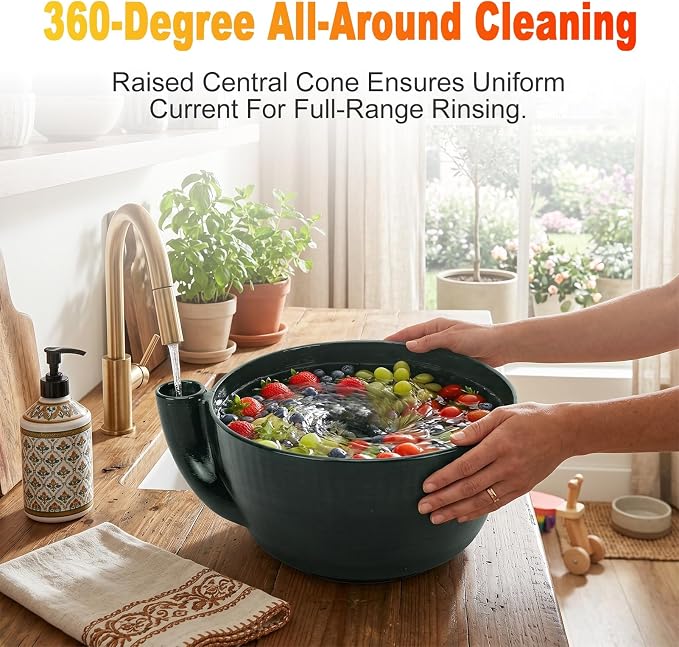 Self Spinning Berry Washing Bowl, Fruit Washer Spinner with Drain Base, 360 Deep Cleaning Swirling Berry Bowls for Cleaning Berries, Vegetables (with Drain)
