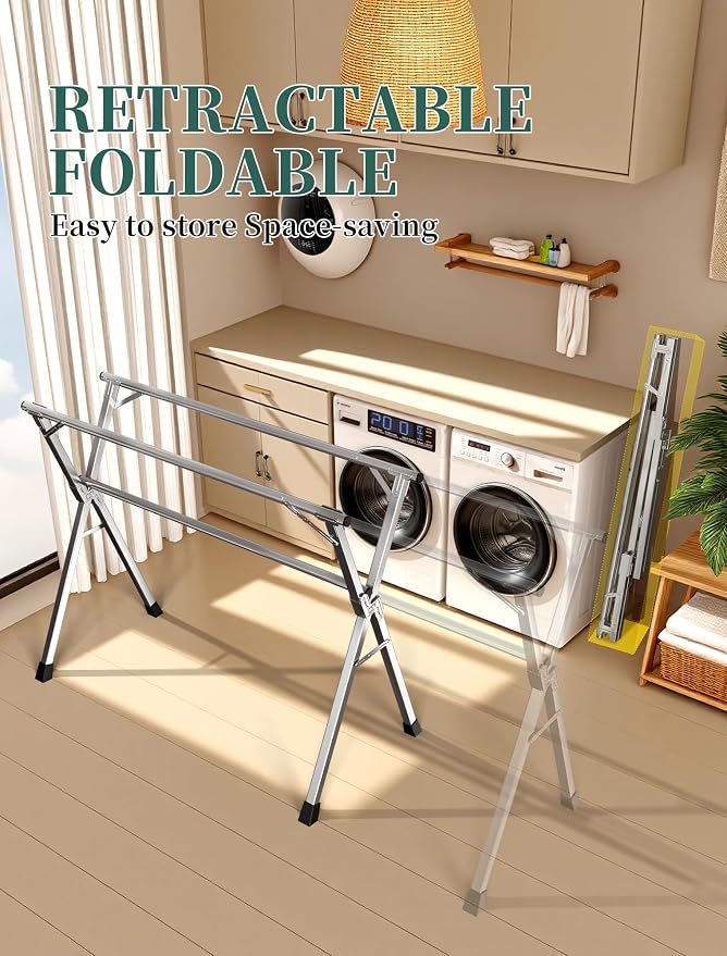 Folding Stainless Steel Laundry Drying Rack 63 Inches | Heavy-duty stainless steel, Foldable & Retractable, Holds up to 150 lbs, Includes 20 windproof hooks for indoor & outdoor use