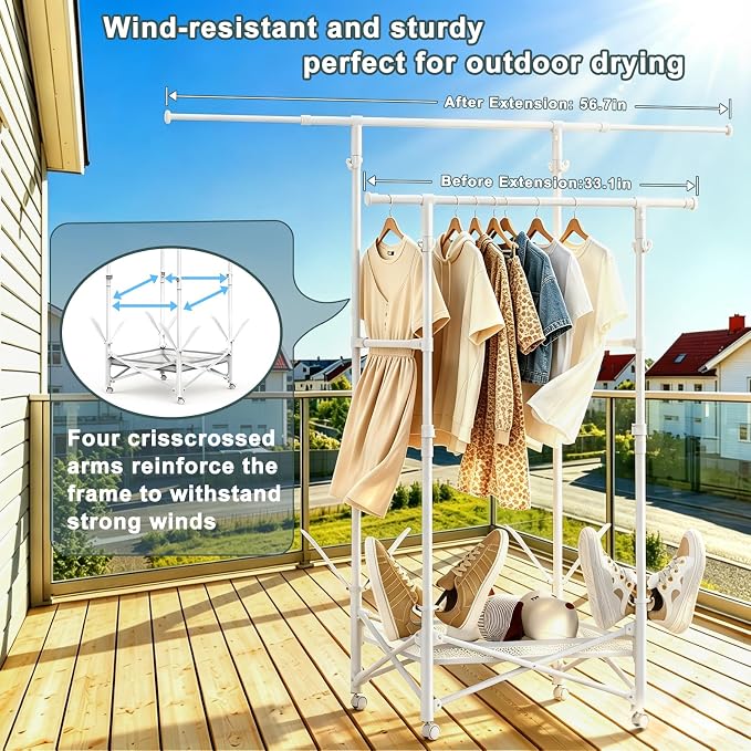 Portable Foldable Clothes Drying Rack - Adjustable Double Extendable Rods (33.1” to 56.7”) -Portable Coat Rack for Travel, Camping, Drying, RV, Indoor, Outdoor, Easy Assemble（White