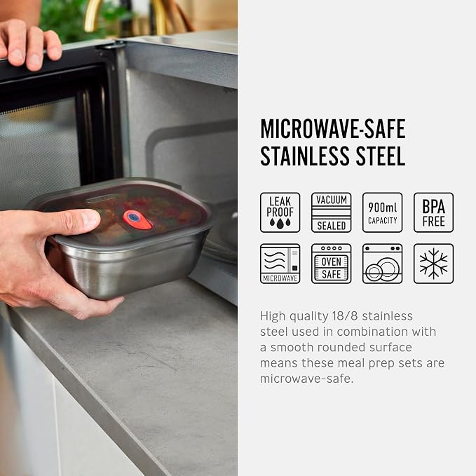 BLACK + BLUM Microwavable Stainless Steel Lunch Box | Multi-Function, Vacuum Sealed Container for Healthy Food | Portable and Stackable Food Storage for Office and Outdoor | 30 oz / 900ml | Leak Proof & Airtight, Durable & Reusable, Stackable Food Stor...