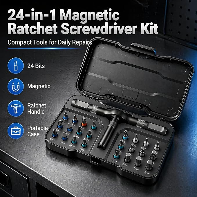 24 in 1 Magnetic Screwdriver Set, DIY Ratchet Screwdriver Set | Multifunctional Toolbox with Detachable Ratchet Handle, Portable Precision Repair Tool Kit for Furniture Computer Bicycle